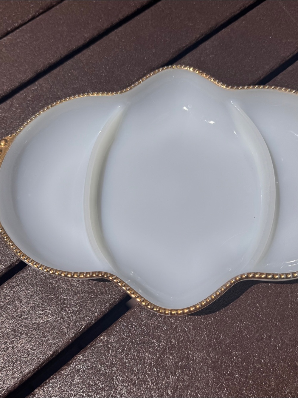 Vintage Fire King Milk Glass Divided Trinket Dish with Gold Beaded Rim